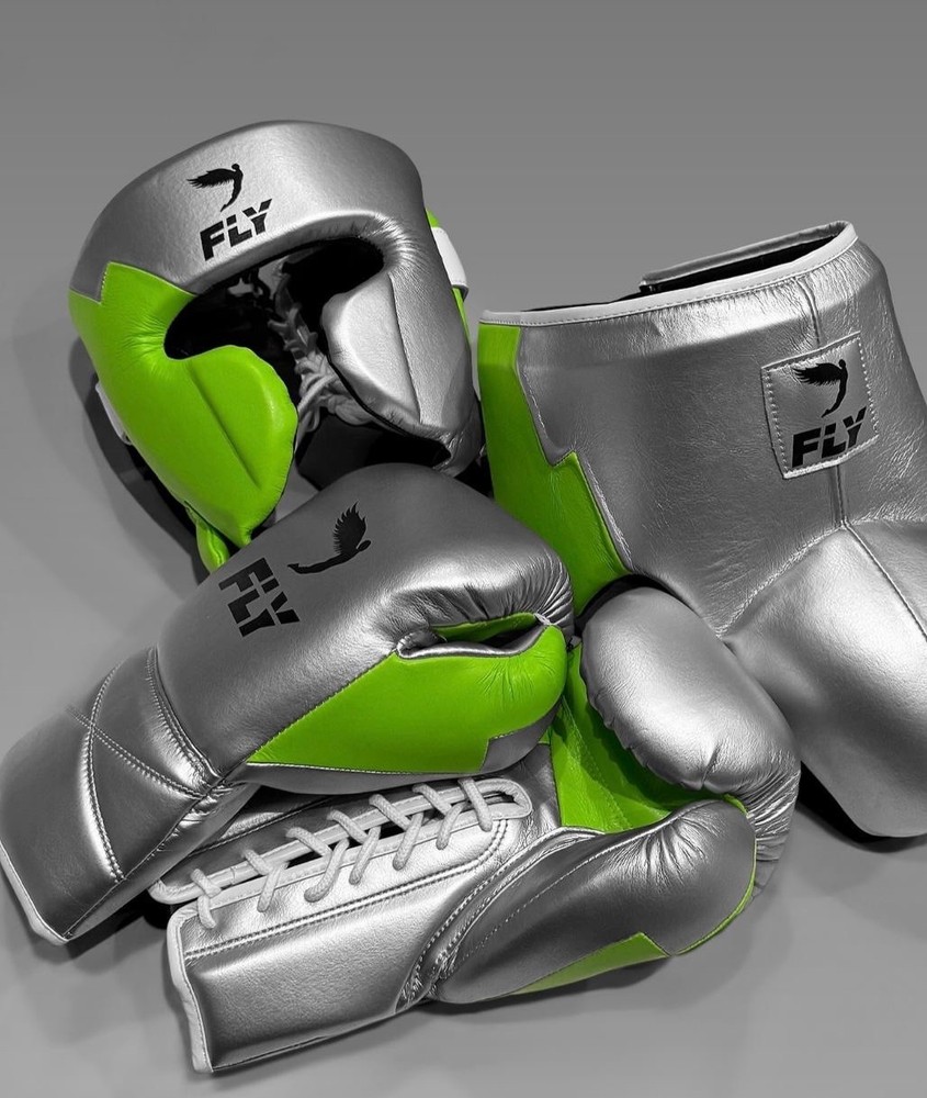 Custom Made Fly Boxing Set Silver & Neon Cowhide Leather Sparring & Training