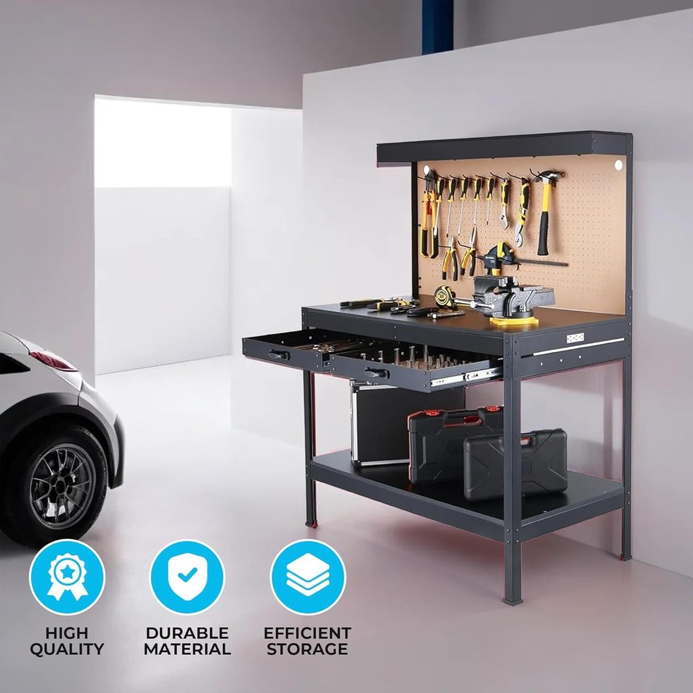 48" Workbench with Power Outlets & Light, 500LBS Capacity, Heavy-Duty Table