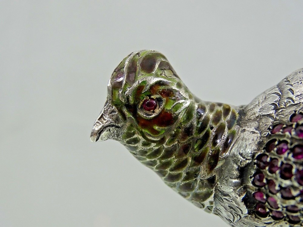 ANTIQUE AUSTRIAN Vienna SILVER ENAMEL MINIATURE BIRD PHEASANT gemset real ruby