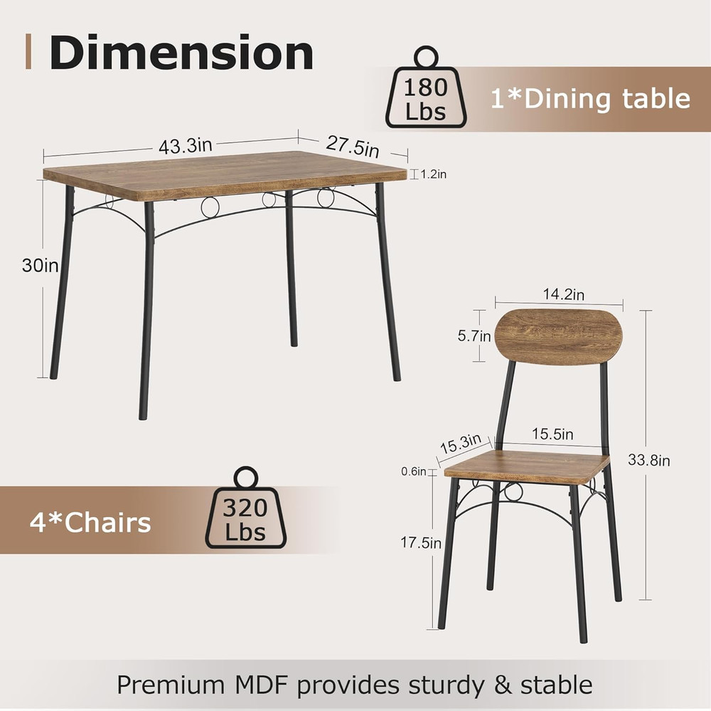 Dining Table Set for 4, 5-Piece Kitchen Table with 4 Chairs, MDF Board Tabletop