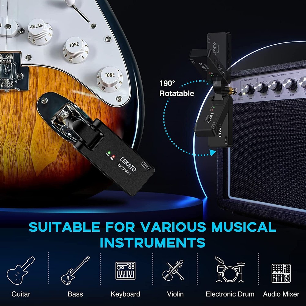 LEKATO Wireless Guitar System Rotable Transmitter Receiver w/Charging Box,30 M