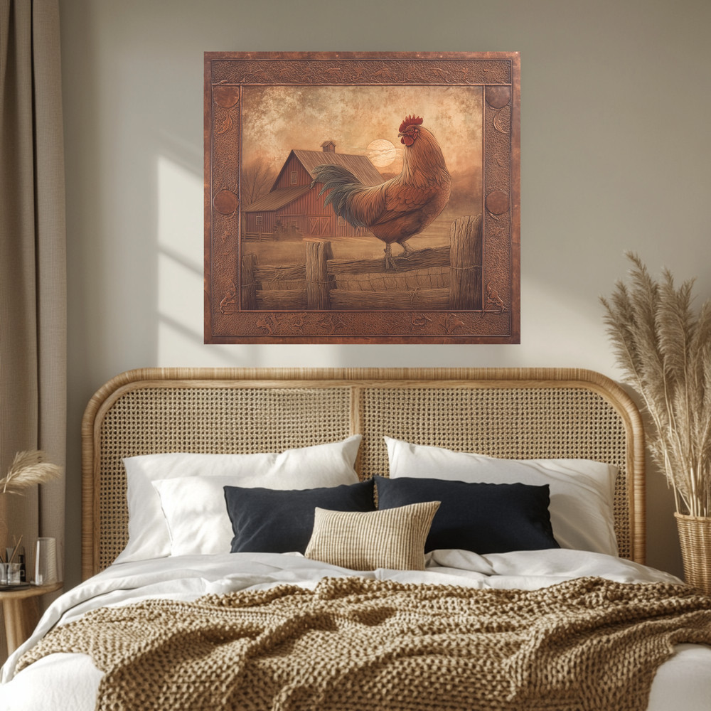Copper Embossed Look Mediterranean Rooster Glass Backsplash • Rustic Kitchen