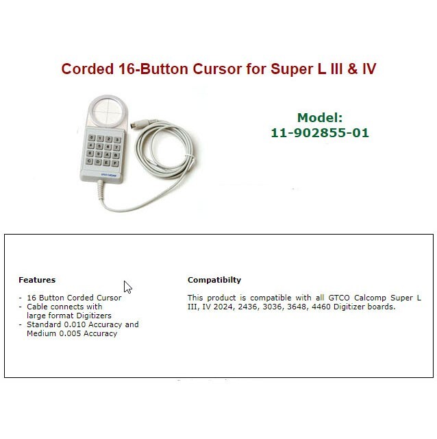 GTCO Corded 16-Button Cursor for Super L III & IV