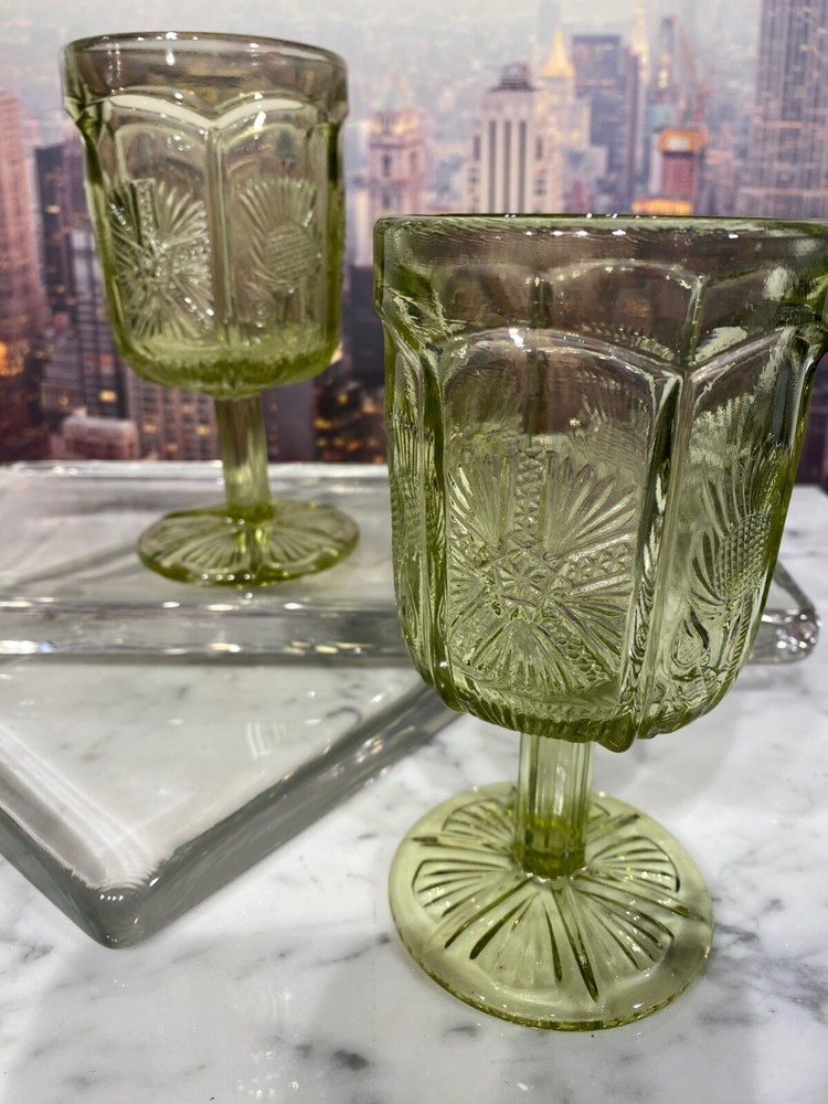 2 Paneled LG Wright Thistle Goblets Olive Green - See Pics