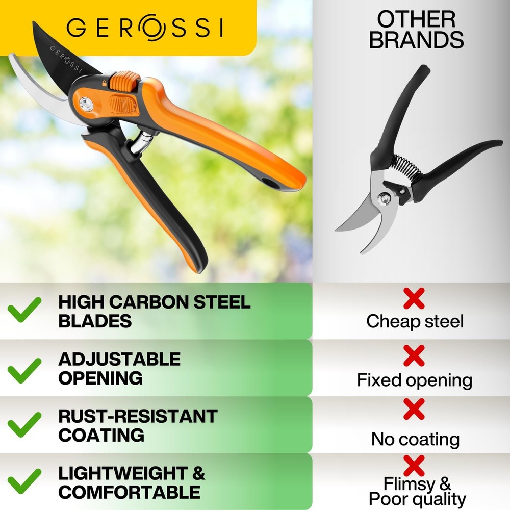 Bypass Pruning Shears with Ultra Sharp Blades - Adjustable Opening, Orange