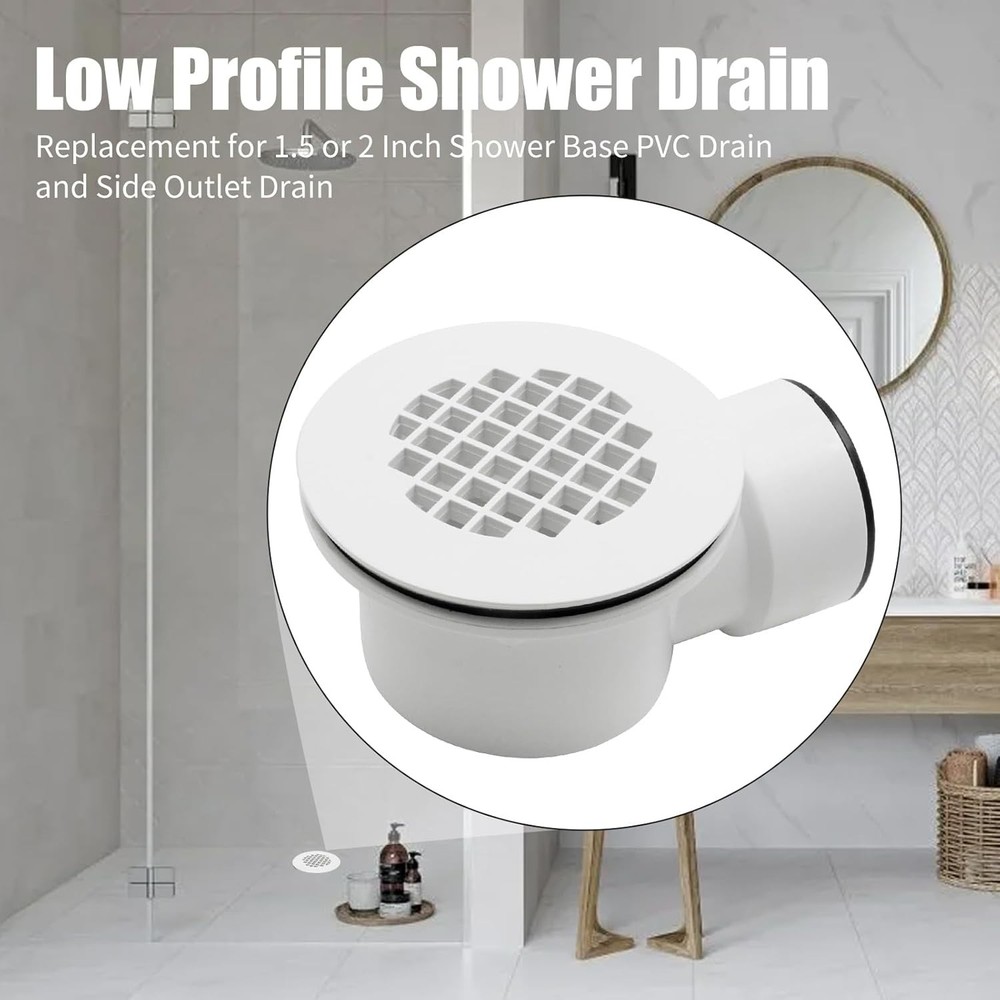 Low Profile Shower Drain, 1.5" Side Outlet Drain Assembly with White