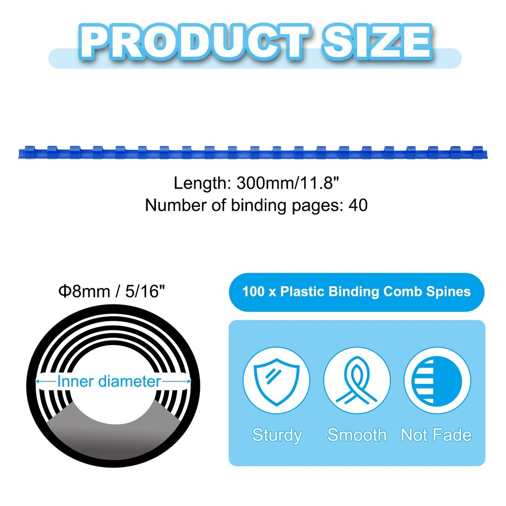 100Pcs 8mm (5/16") Plastic Binding Combs 40 Sheet Capacity 21 Rings, Blue