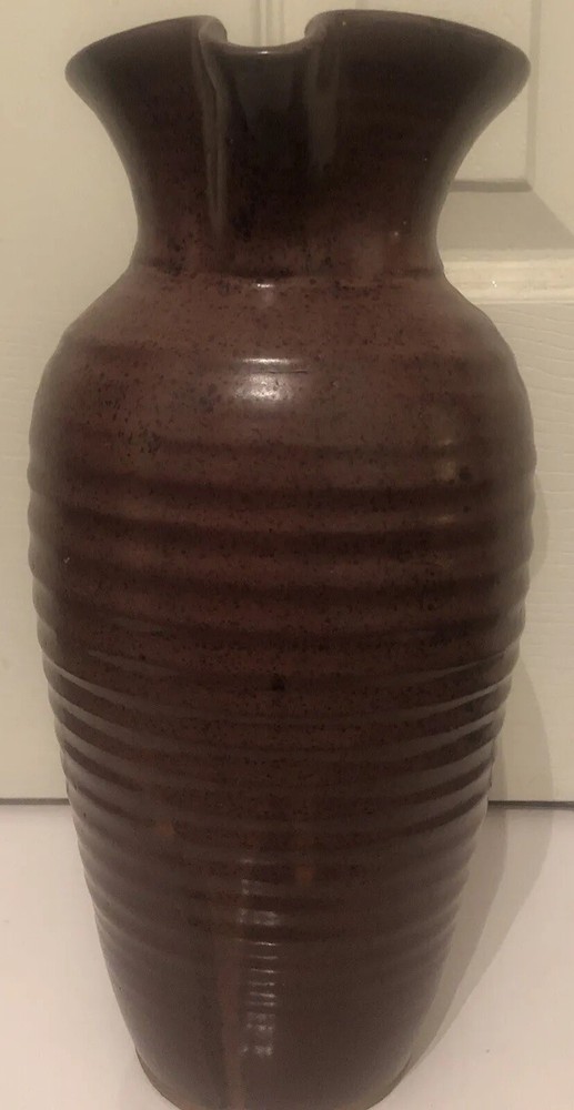 Art Pottery Ceramic Pitcher Rustic Drip Glaze Ribbed Pattern Scroll Handle 11.5”