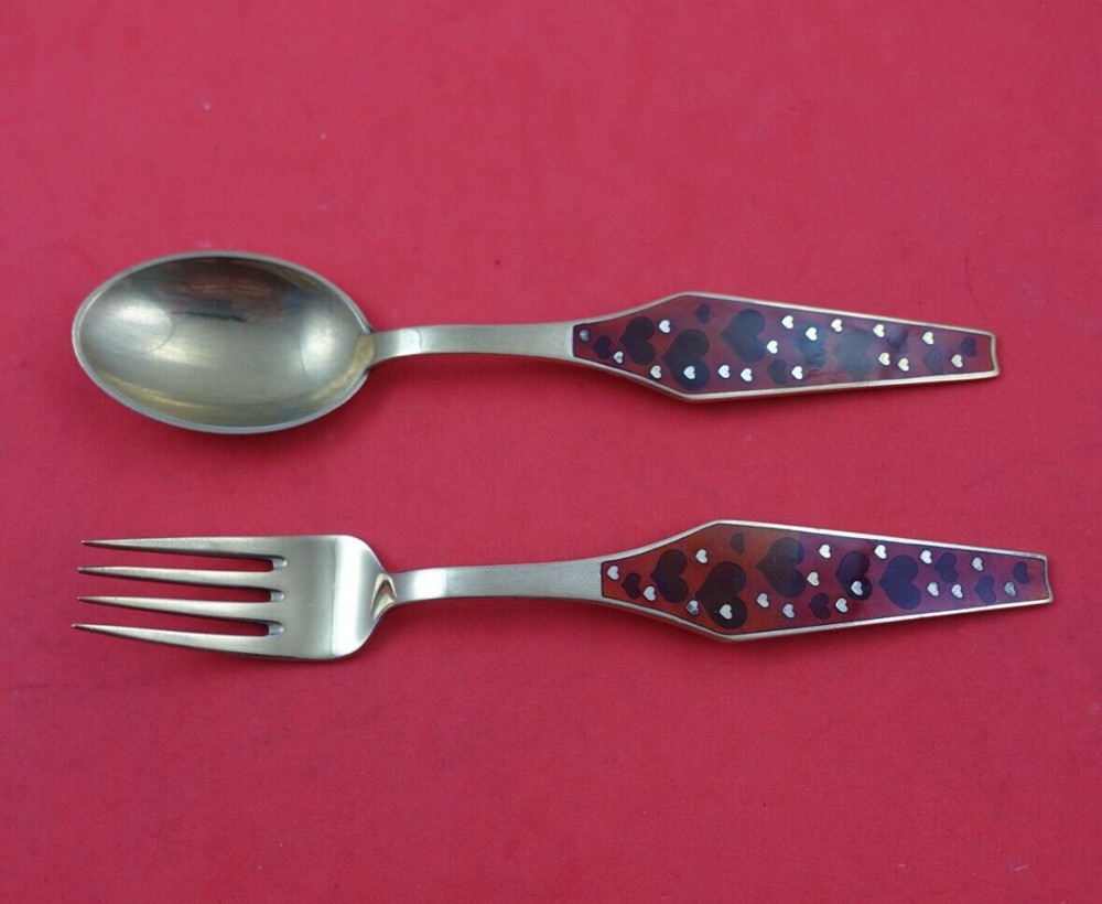 Peter Hertz Danish Sterling Silver Christmas Spoon Fork Set 2pc Enameled 1969