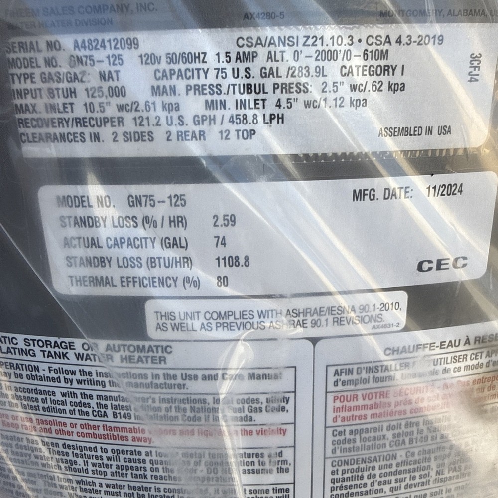 Rheem GN75-125 Natural Gas Commercial Water Heater, 75 Gal 125,000 BTU Low NOx