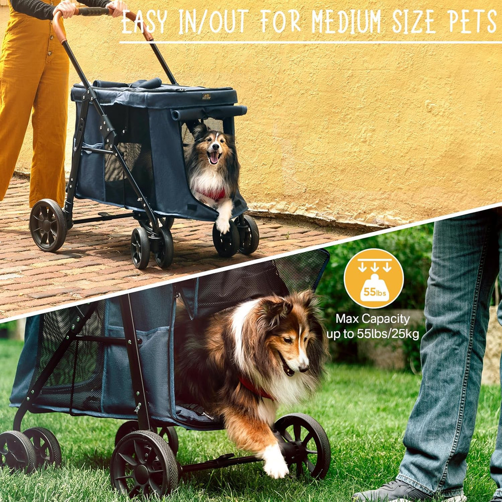 Upgraded 4 Wheels Pet Stroller for Small/Medium Dogs- One Button Fold, Adjustabl