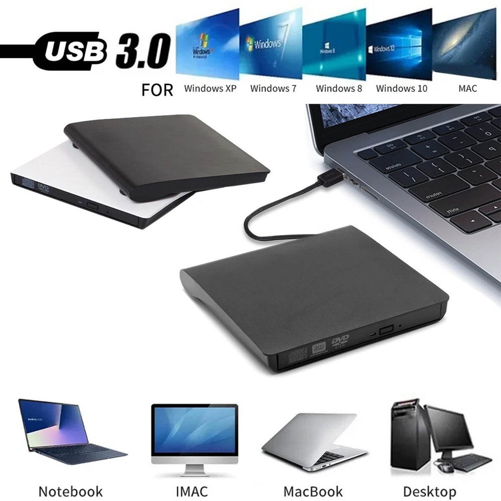 External CD DVD Drive for PC Laptop Windows 11 10 USB 3.0 Player Reader Writer