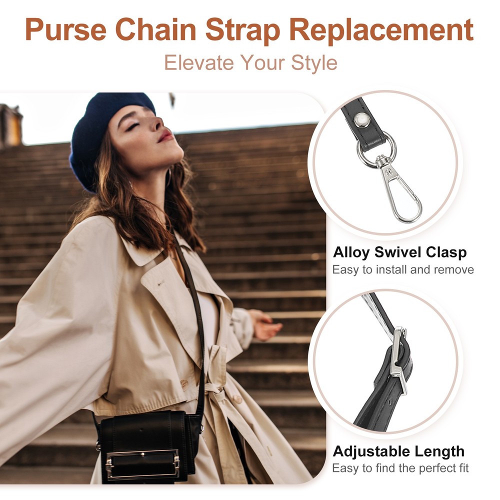 47" Adjustable PU Leather Purse Strap with Silver Hardware, Black