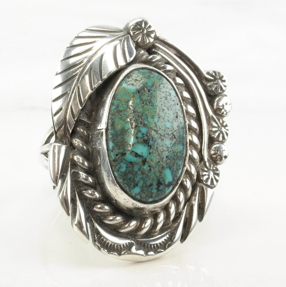 Navajo Spiderweb Turquoise Leaf Sterling Silver Ring Size 7 1/4