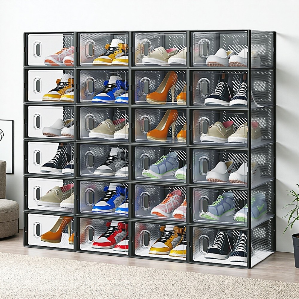 24-Pack Shoe Storage Boxes - Stackable, Door, Plastic Mesh, Black & Small Size