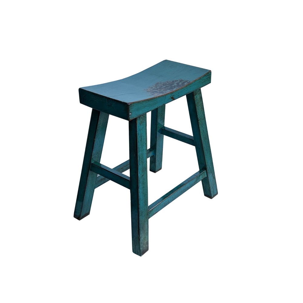 Distressed Teal Blue Rectangle Backless Slim Stool Bench Side Table JK327