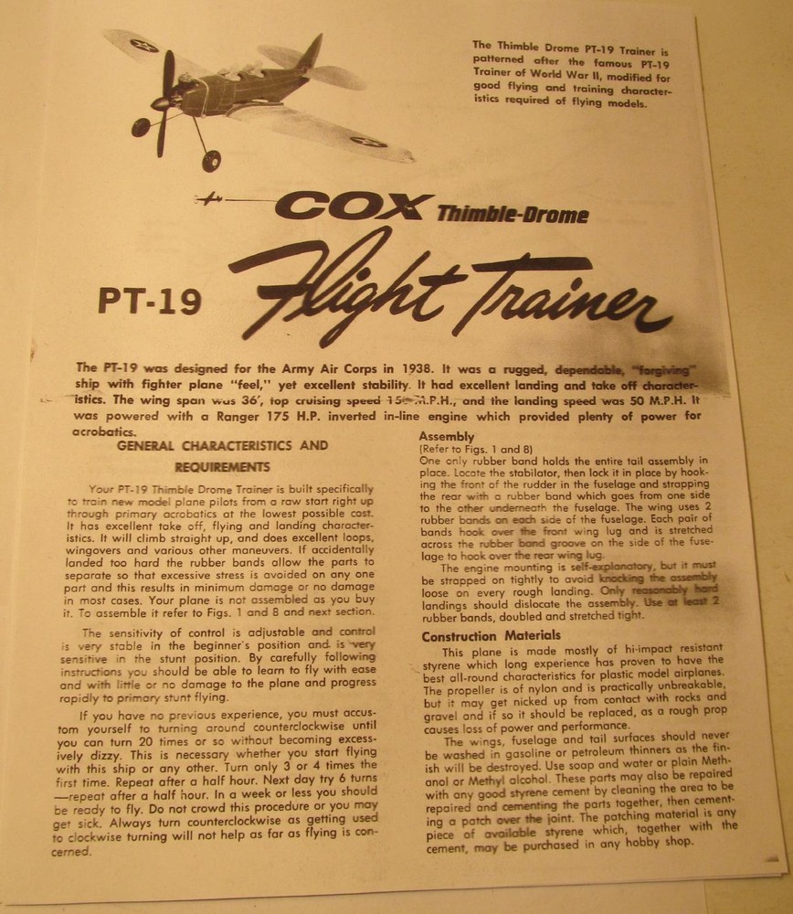 Cox Thimble Drome PT-19 Flight Trainer Photocopy Instruction Sheets for Plane
