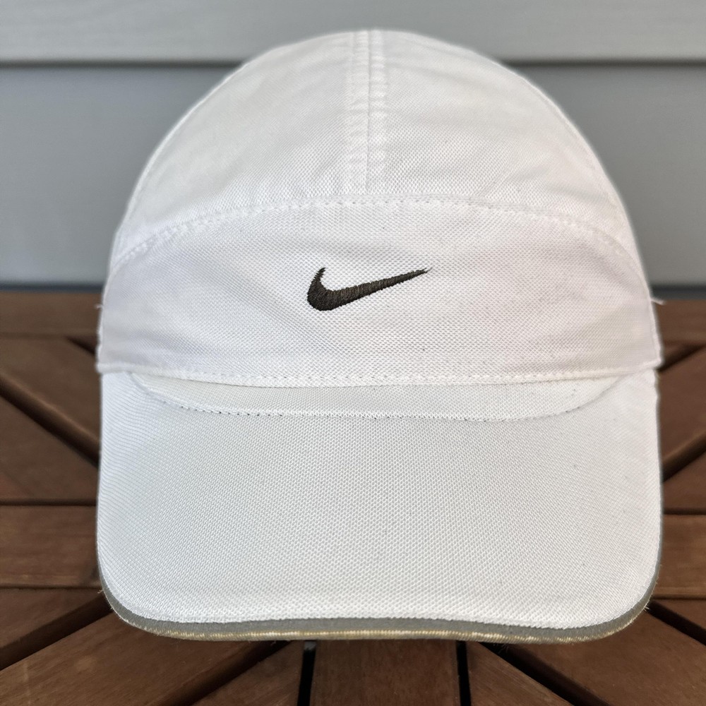 Vintage Nike Tailwind 7 Panel Hat Cap Strap Back Mens White Mesh Running Feather