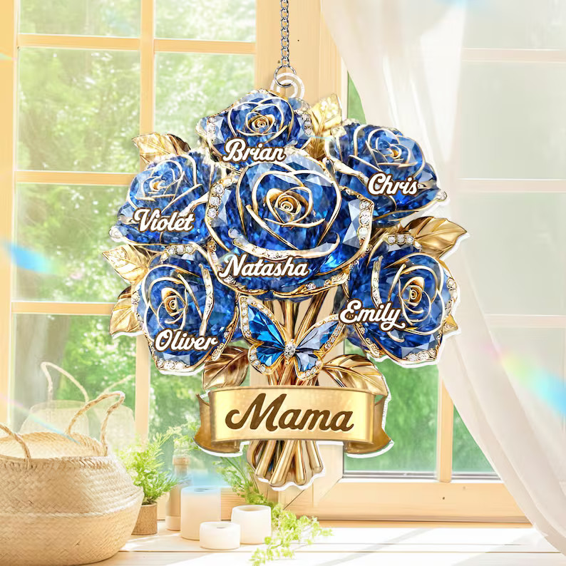Personalized Mama Blue Rose Suncatcher Acrylic Window Decor