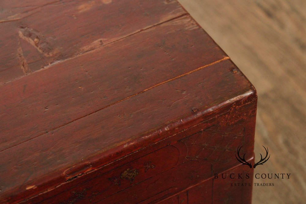 Red Lacquered Trunk With Brass Hardware On Custom Black Stand, Coffee Table