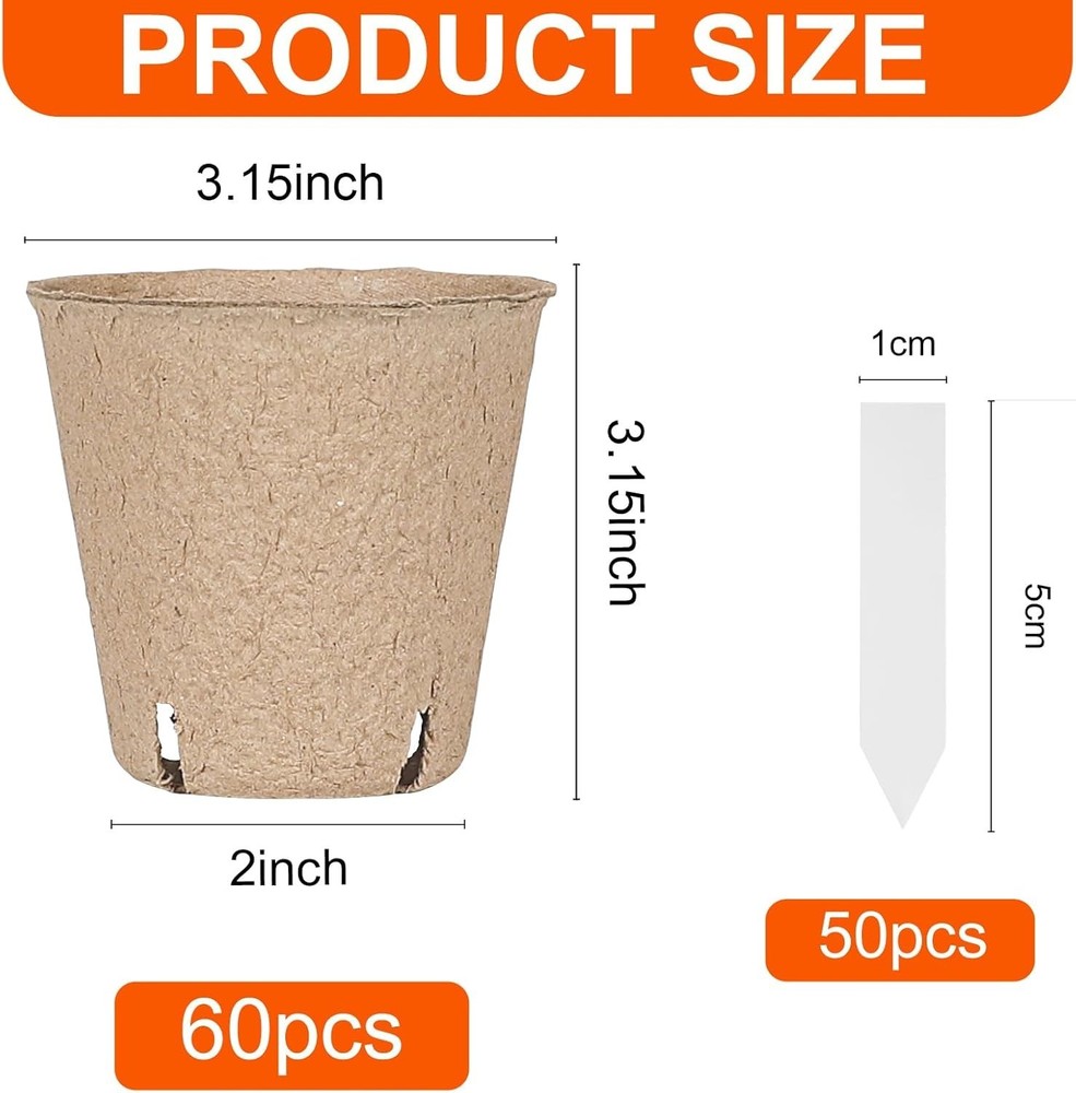 60 Pack Peat Pots 3.15in Biodegradable Seed Starter Pots with Labels
