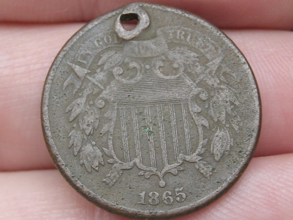 1865 Two 2 Cent Piece- Fancy 5, VF Details