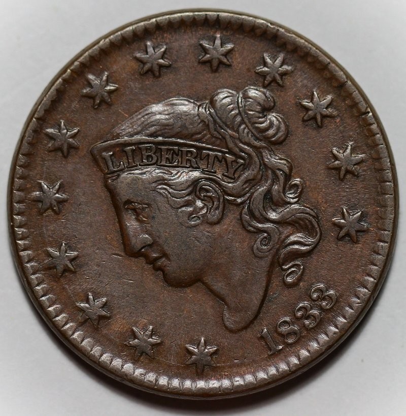 1833 Coronet Head Large Cent (N-2) - US 1c Copper Coin