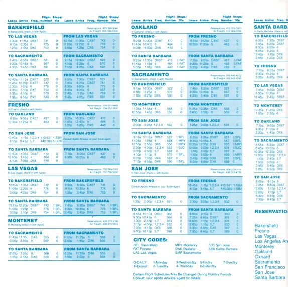 Apollo Airways timetable 1981/12/01