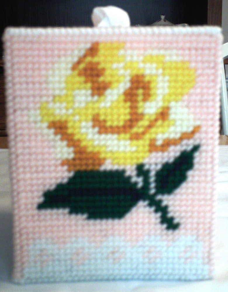"Yellow Rose" Tissue Box Cover (Plastic & Yarn) Finished