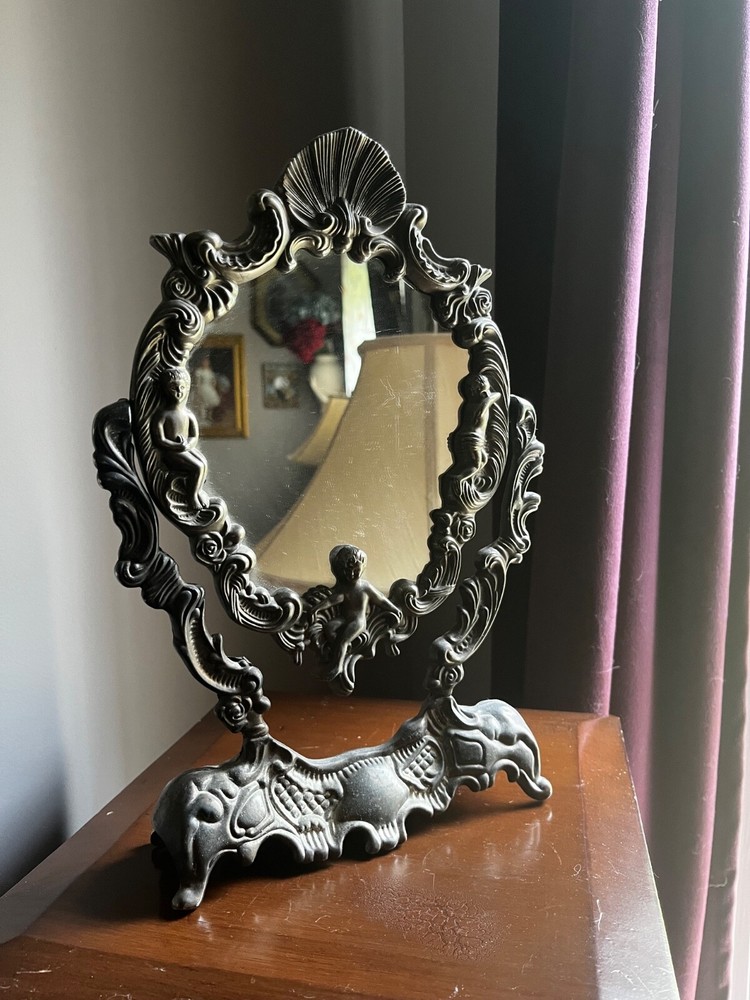 Vintage Mirror Silver Plated Swing Adjustable Vanity Cherubs & Clam Shell