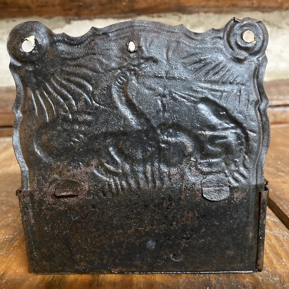 Antique Embossed Tin Match Safe Holder With Striker And Hinged Lid