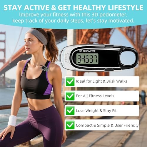 3D Pedometer, Digital Step Counter with LCD Display, Black and Silver black
