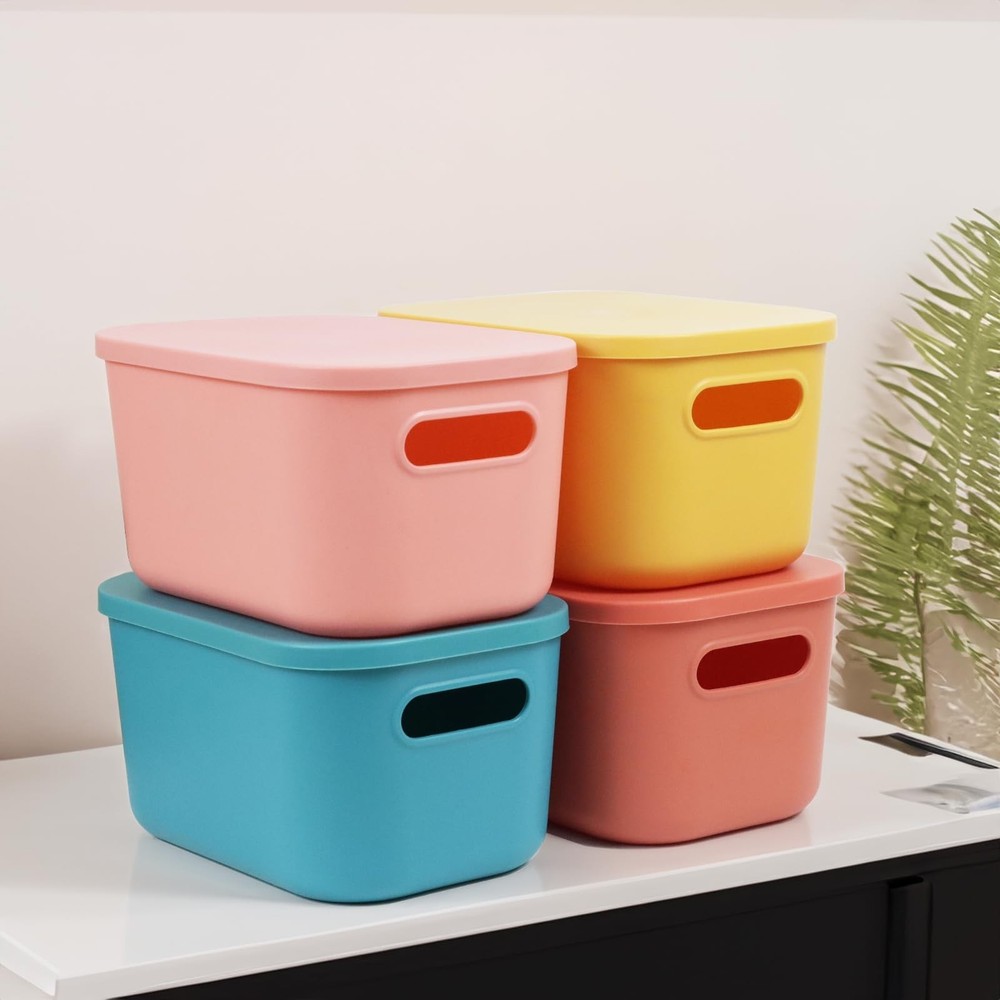 6Pcs Small Storage Bins with Lids, Stackable Plastic Organizer Bin Storage Co...