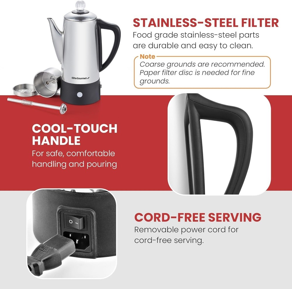 EC140 Electric 6-Cup Coffee Percolator with Keep Warm, Clear Brew Progress Kn...