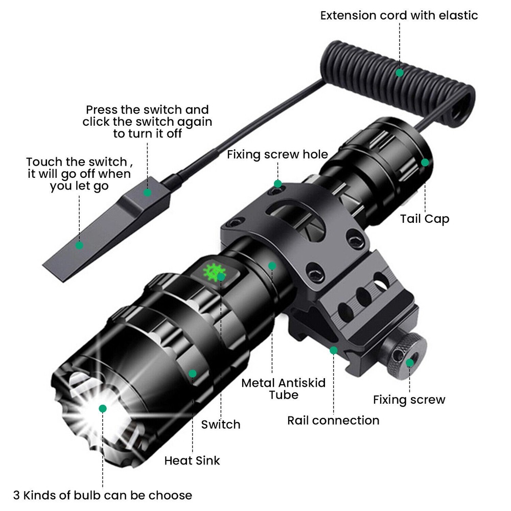 Rechargeable Tactical Flashlight Picatinny Rail Mount 3Modes Zoomable Flashlight