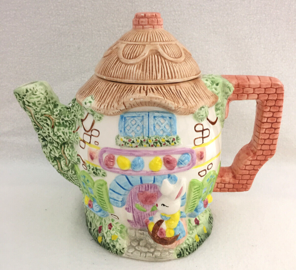 Tea Pot Easter Bunny Eggs Tree House Ceramic Bright Pastels Decorative Use Only