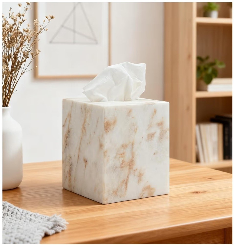 Marble Tissue Box Cover, White with Gold Texture