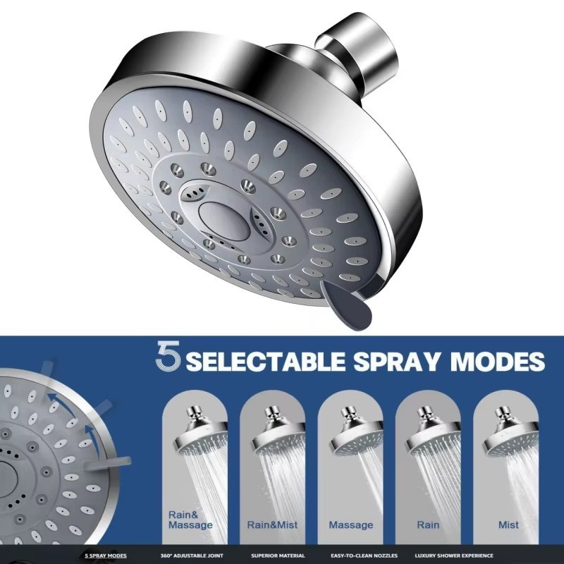 5-Mode High Pressure Shower Head 4" Adjustable Fixed Rainfall Sprayer Chrome