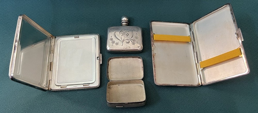 FABULOUS 835 SILVER 4 PIECE ETCHED CIGARETTE CASE COMPACT PERFUME PILL BOX SET