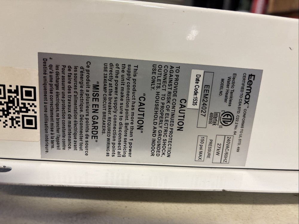 USED Eemax EEM24027 | 240V | 27kW | 5.3-GPM | Tankless Electric Water Heater