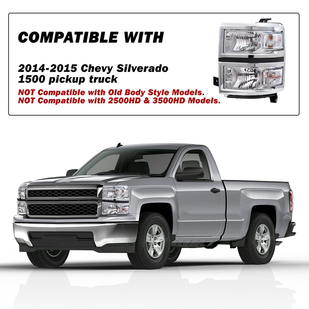 Halogen Headlight for 2014-2015 Chevy Silverado 1500 Chrome Clear Reflector Pair