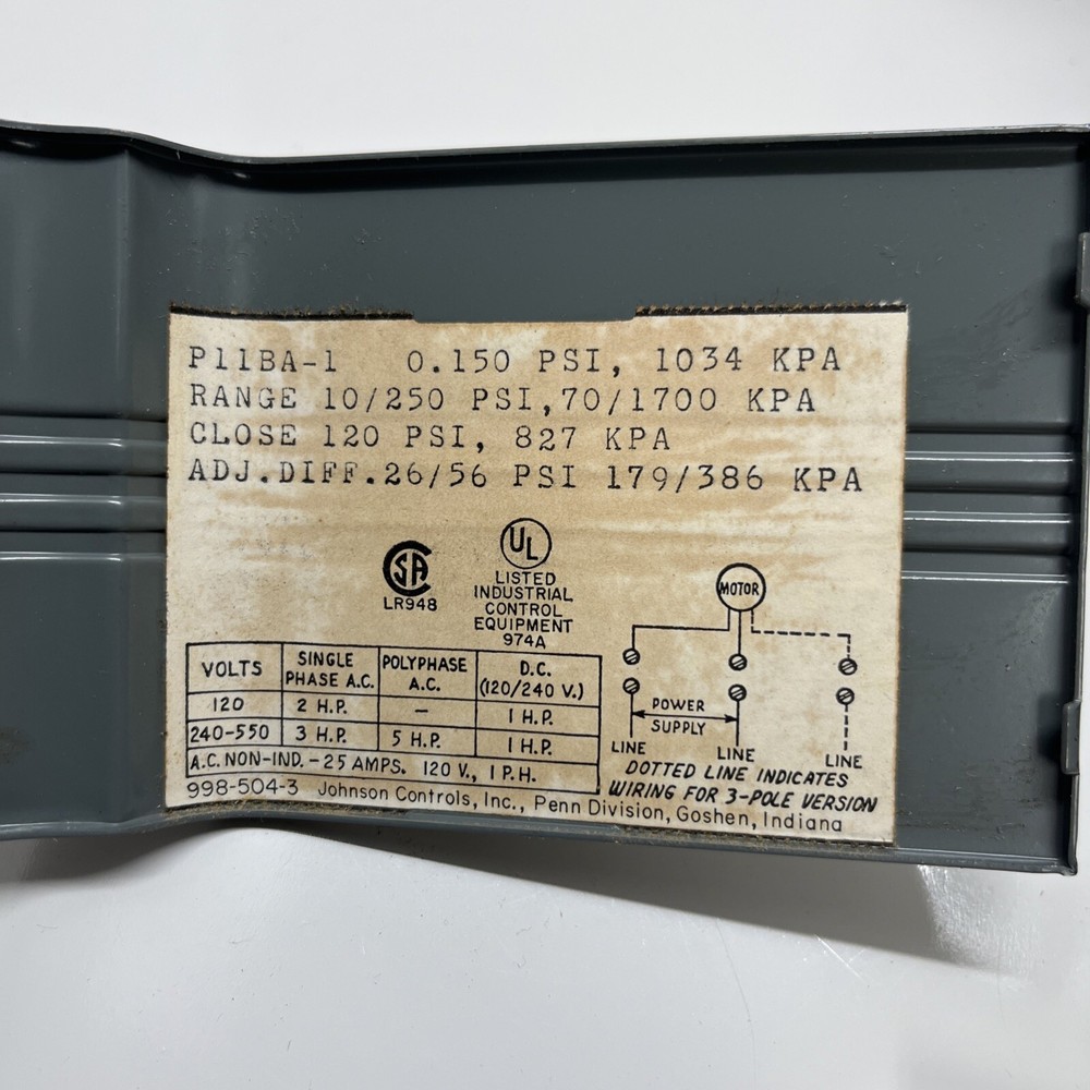 Johnson Controls Pump And Air Compressor Control P11BA-1