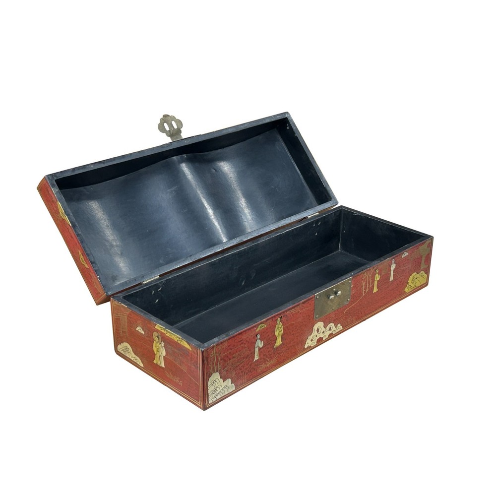 Red Lacquer Chinoiserie-style Gold Silver Scenery Graphic Rectangular Box GB230