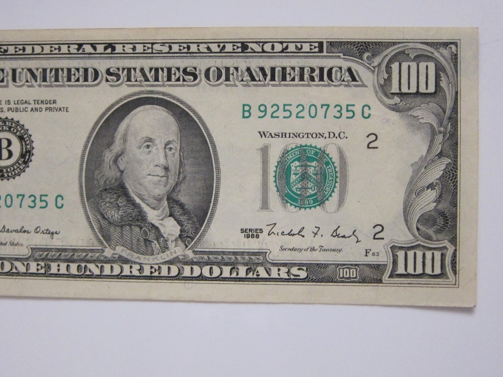 1988 $100 Printing Error on Back #B92520735C
