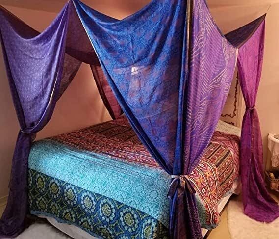 Indian Silk Sari Bed Canopy Four Post Bed Canopy Drapes Gypsy Canopy
