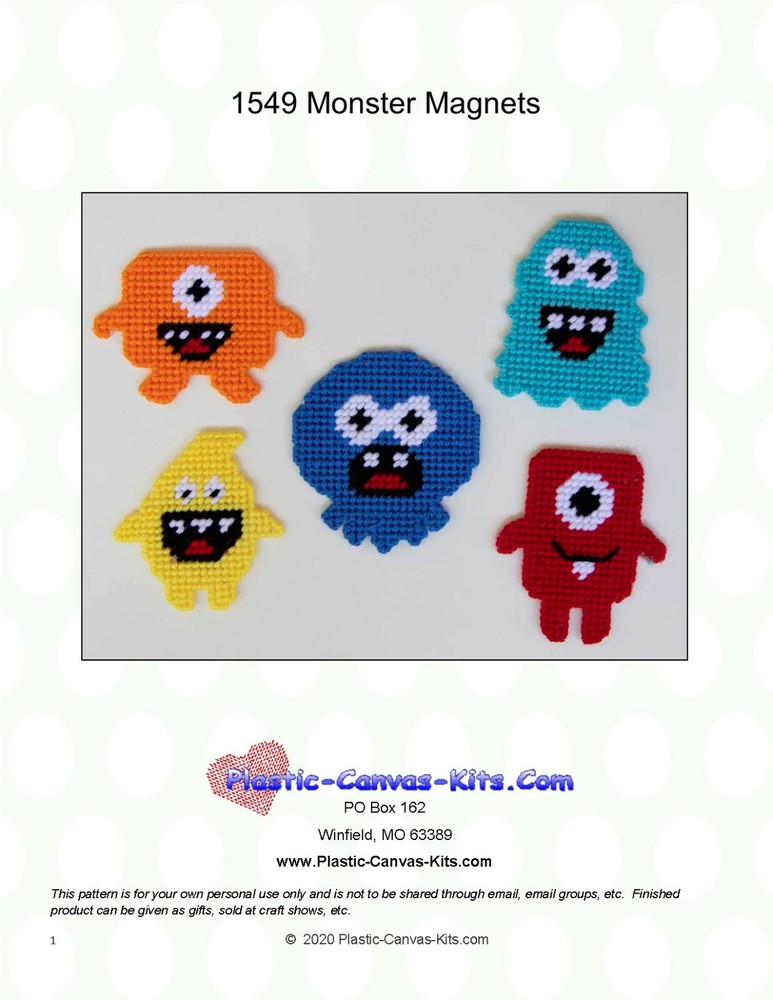 Cute Monster Magnets- Plastic Canvas Pattern or Kit
