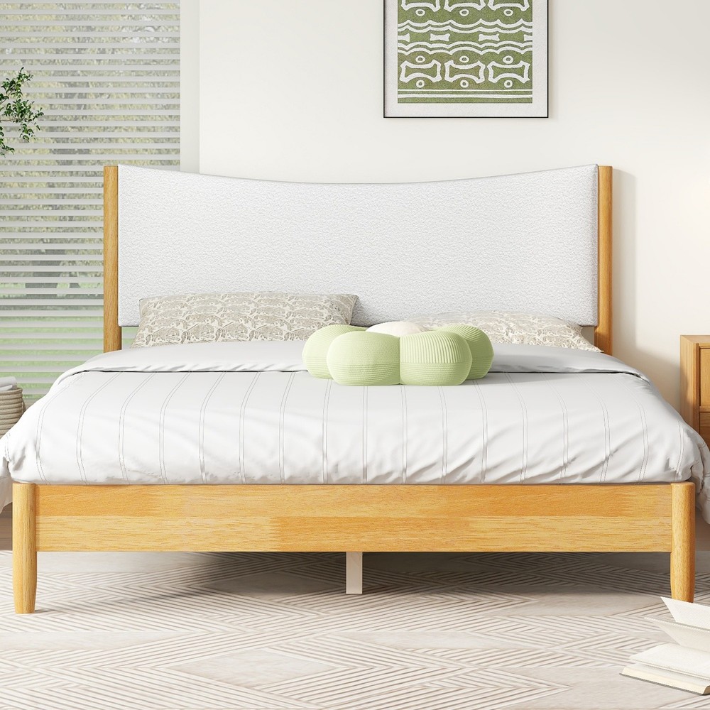 Queen Size Solid Wood Platform Bed Frame w/ Upholstered Headboard Natural