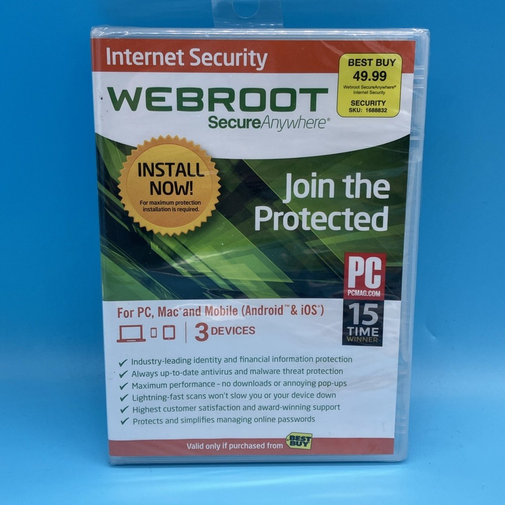 Webroot Secure Anywhere Internet Security 3 Devices for PC/MAC/Mobile NEW SEALED