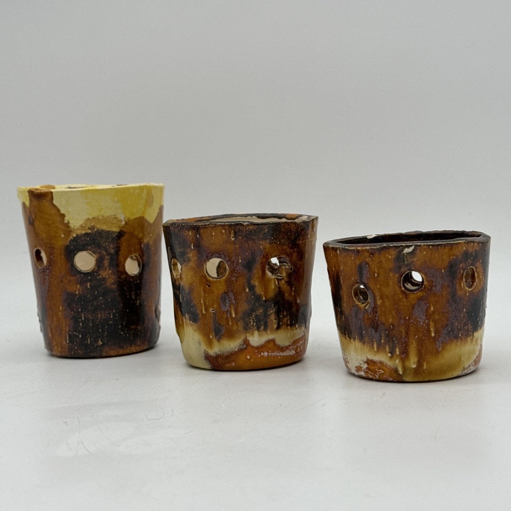 Handmade Ceramic Rustic Tea Light Holder 3 Piece Matching Set Multicolor Glazed