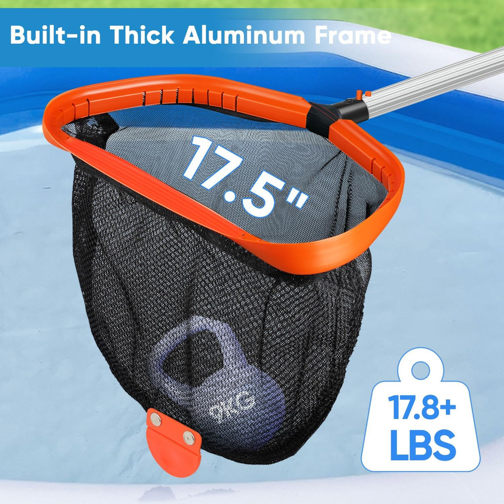 17.5" Pool Skimmer Net – Double-Layer Nylon, Aluminum Frame, Leaf Rake